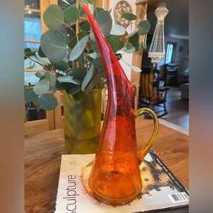 Vintage Vibrant Amber Red Orange Crackle Glass Pitcher MCM